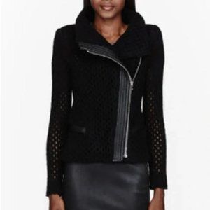IRO Black Open Knit Noa Leather Trim Moto Jacket | Size 36